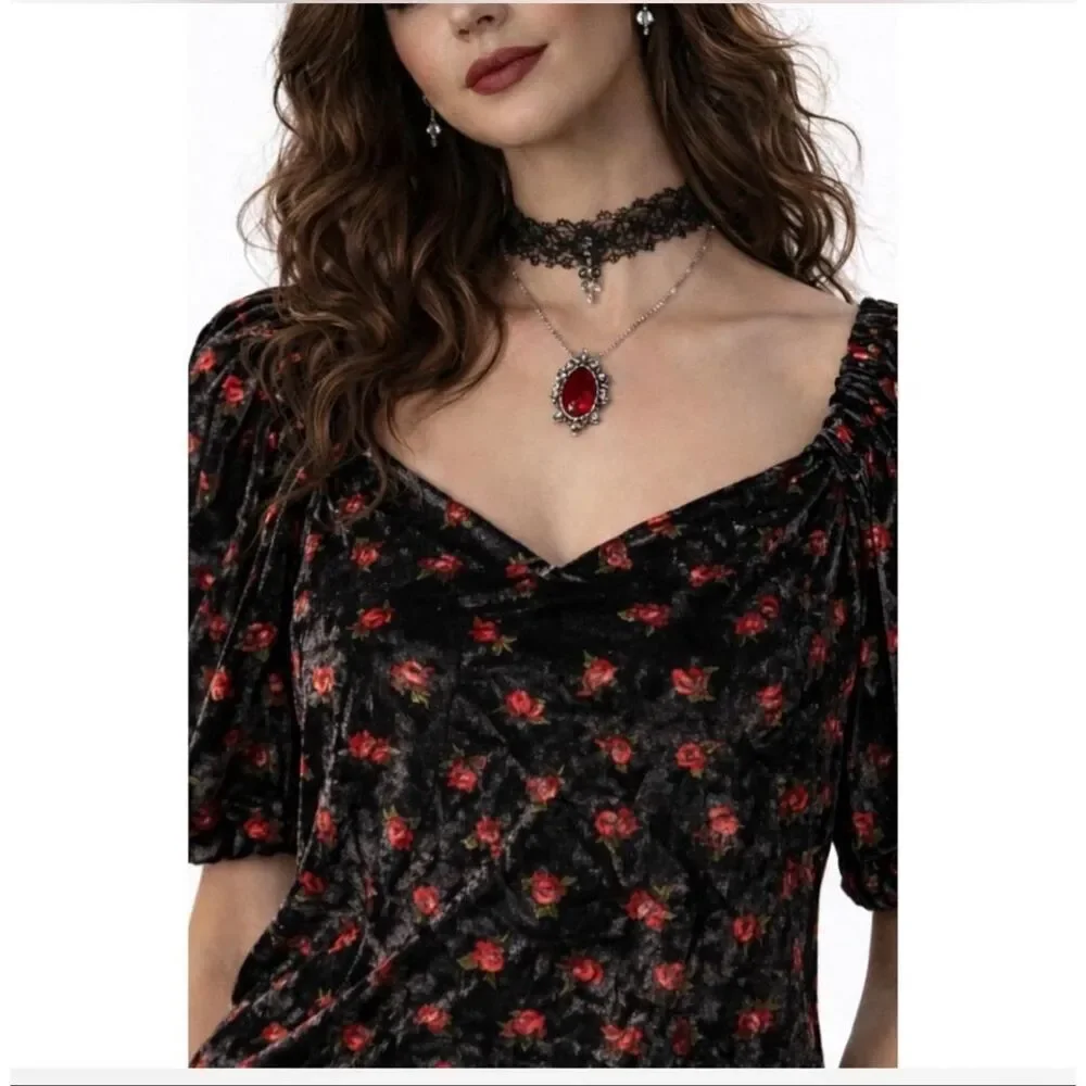 Loft Women’s Floral Velvet Puff Sleeve Top blouse red/black size MP